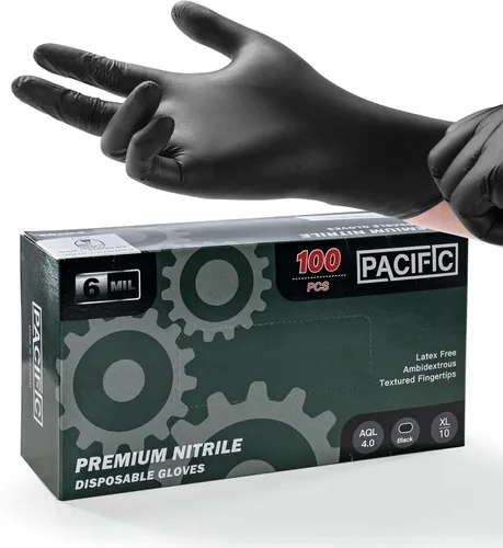 Vista 8 de PACIFIC PPE Guantes desechables de nitrilo negro resistentes de 6 mil, resistentes a productos químicos, seguros para alimentos, sin látex
