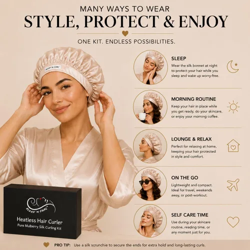 Vista 9 de Sleep 'N Curl - 100% seda de morera pura - Kit de rizador de pelo sin calor con gorro de seda pura (gorro)