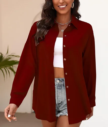 Vista 3 de KYLELOVE Camisas de manga larga con cuello abotonado para mujer, blusas casuales de gran tamaño con bolsillo
