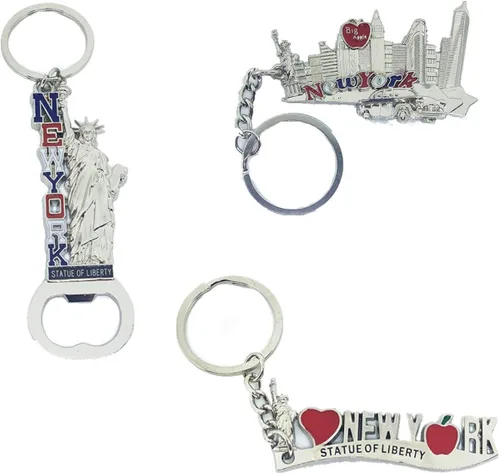 Vista 3 de Paquete de 12 llaveros de metal de plata NYC Souvenir Collection New York incluye Empire State Torre de la Libertad bandera de Estados Unidos NY Cab