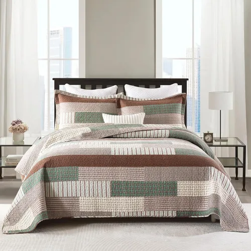 Vista 9 de Y-PLWOMEN Colchas 100% algodón tamaño Queen Farmhouse Plaid 3 piezas ropa de cama Azul y marrón