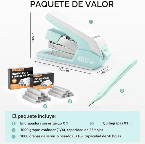 Vista 5 de Marsrock Grapadora resistente para escritorio con 40-50 hojas, 2000 grapas Verde