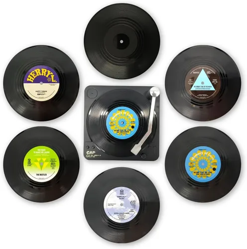 Vista 9 de Divertidos posavasos retro para bebidas de café con soporte para reproductor de vinilo, juego de 6 posavasos personalizados únicos para inauguración
