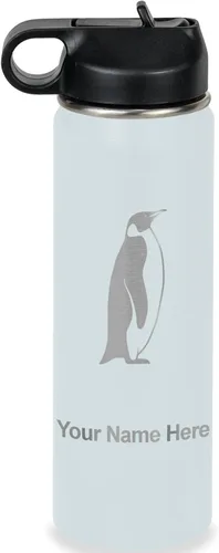 Vista 40 de LaserGram Botella de agua personalizada, pingüino, acero inoxidable de doble pared aislada al vacío con popote superior, regalo grabado