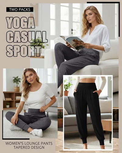 Vista 2 de Paquete de 2 pantalones deportivos de yoga para mujer, cómodos pantalones deportivos con bolsillos, casuales, holgados, cómodos y de cintura alta