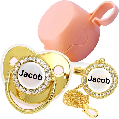 Vista 5 de Chupete personalizado con nombre, set de clip para chupete dorado brillante con caja de almacenamiento, chupete personalizado con purpurina