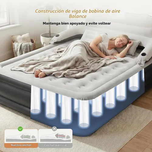 Vista 2 de DIMAR GARDEN Colchón de aire tamaño King con cabecera y bomba, colchón inflable cama con almohadas