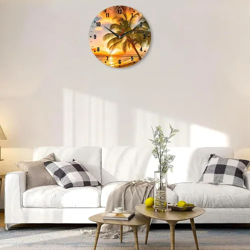 Vista 6 de SPUNKER Relojes de pared, reloj de pared de 10 pulgadas, diseño de palmeras y atardecer, funciona con pilas, pequeños relojes de pared decorativos