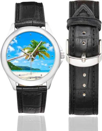 Vista 2 de Palm Tree over Tropical Beach - Reloj de pulsera de cuero clásico para mujer, resistente al agua, color negro