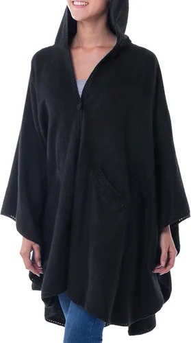 Vista 3 de NOVICA Artisan Handmade Alpaca Blend Ruana Cape Andean with Acrylic Wool Clothing Wraps Ruanas Black Solid Peru 'Glamorous Night', Negro