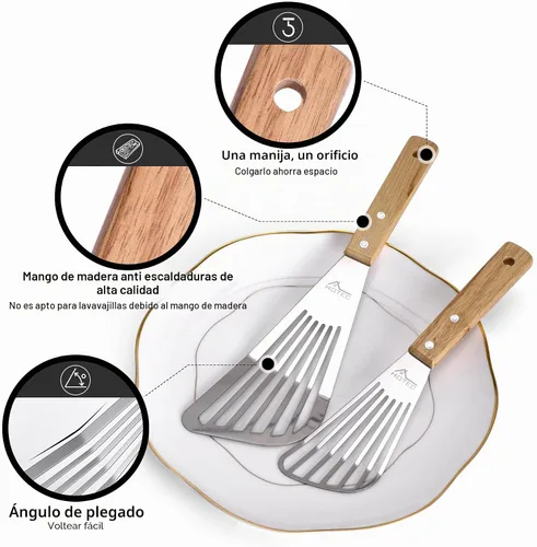 Vista 3 de HOTEC 2 piezas Espátula de pescado de acero inoxidable con mango de madera, espátula de metal para voltear alimentos