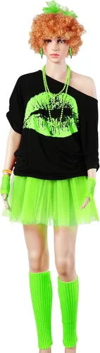 Vista 4 de Blulu 80s Costume Accessories for Women Halloween Outfit Dress Neon Leg Warmers Fishnet Gloves T-shirt Tutu Headband