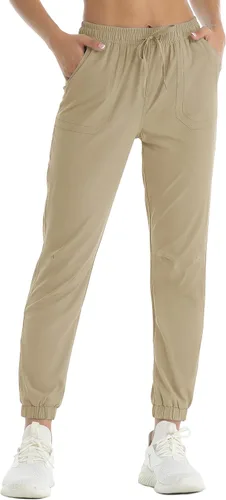 Vista 2 de TACVASEN Pantalones deportivos de senderismo para mujer, de secado rápido, ligeros, con cordón, Caqui