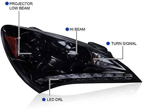 Vista 8 de Spec-D Tuning 2LHP-GENS210G-V2-TM Hyundai Genesis Coupe Proyector Negro Brillante Faros Humo W/R8 Led Drl