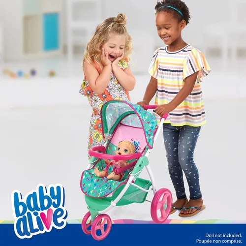 Vista 2 de Baby Alive: Cochecito de muñeca para correr - Verde, Rosa, Corazones - Accesorio para muñecas de hasta 24", Diseño plegable, Toldo retráctil