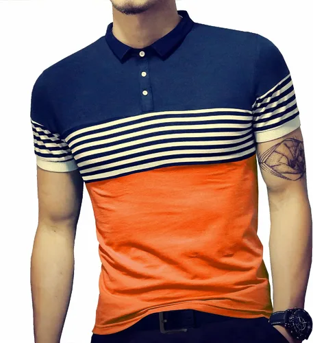 Vista 2 de LOGEEYAR Polo de manga corta para hombre, ajuste delgado, color contrastante, costuras a rayas, camiseta casual