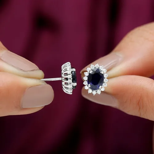 Vista 5 de Princess Diana Inspired Lab Created Blue Sapphire Earrings, Created Blue Sapphire Stud Earrings, Classic Created Blue Sapphire Earrings with