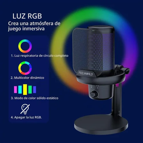Vista 4 de FEELWORLD VM1 Micrófono USB para PC de juegos Micrófono condensador con cancelación de ruido, luz RGB silenciosa, accesorios para computadora