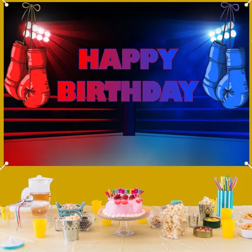 Vista 3 de Cartel de fondo de fiesta de cumpleaños con temática de boxeo, ideal para niños o niñas, fiestas temáticas de boxeo, noches de lucha y fiestas