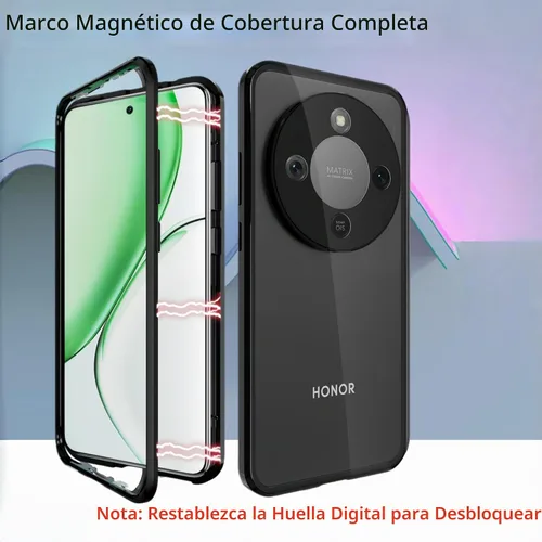Vista 2 de QUIETIP Funda magnética para Honor Magic 8 Lite/Honor X9d, marco de metal de doble cara cubierta de vidrio templado transparente, negro