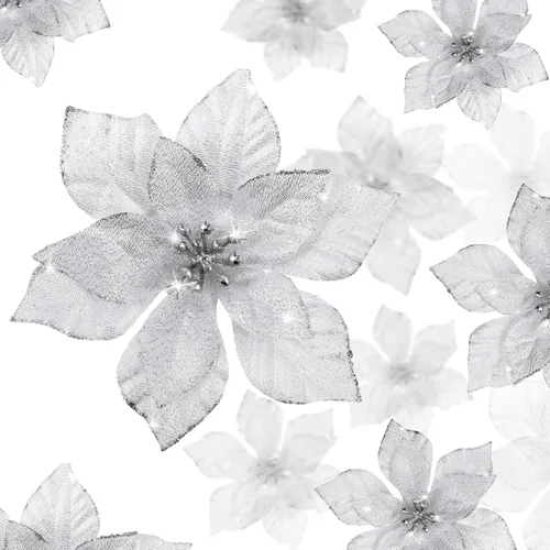 Vista 11 de WILLBOND 36 piezas de flores de Pascua navideñas de 3 tamaños para árbol de Navidad, flores falsas con purpurina, decoración, adornos de flor