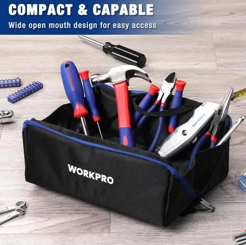 Vista 4 de WORKPRO Bolsa de herramientas, bolsa de herramientas de boca ancha de 10 pulgadas con cremallera, bolsa de almacenamiento de herramientas