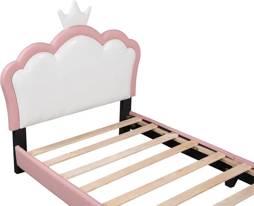 Vista 6 de Bonita cama de princesa tapizada de tamaño individual con cabecera corona, plataforma de piel sintética rosa para niños y niñas, no requiere somier