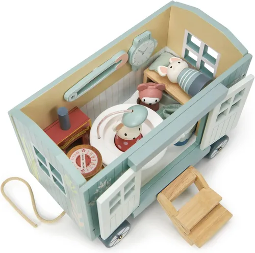 Vista 2 de Tender Leaf Toys - Cabaña del Pastor de la Pradera Secreta - Cabaña de Pastor de Madera Portátil y Amueblada con Ruedas, Incluye 11 Piezas