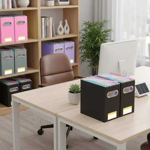 Vista 2 de BALEINE Caja organizadora de archivos, organizador de carpetas de archivos de cartón con asa para tamaño carta, caja de archivos plegable portátil