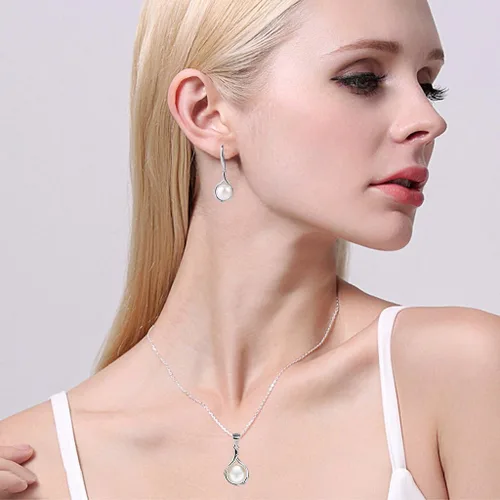 Vista 3 de EVER FAITH Woman's 925 Sterling Silver Cubic Zirconia AAA Freshwater Cultured Pearl Necklace Earrings Set Birthday Mother's Day Jewlery Gift for