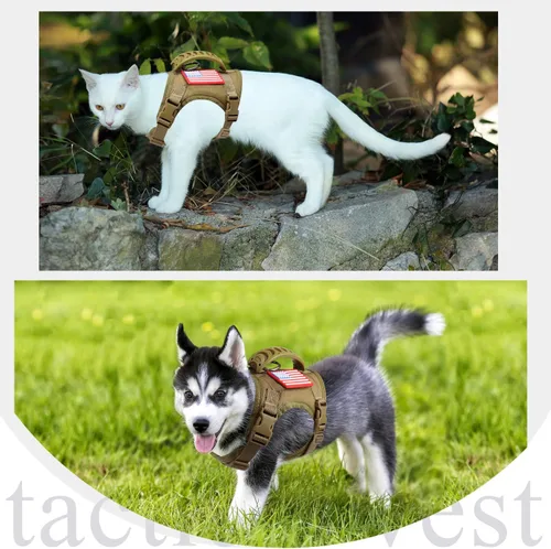 Vista 3 de Chaleco táctico de servicio para perro, K9 ajustable militar de trabajo, resistente al agua, cómodo chaleco para perro MOLLE con asa (XS, caqui)