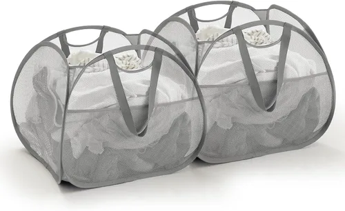 Vista 9 de TECHMILLY Cesta plegable de malla con asas fuertes, cesta de ropa de gran apertura con bolsillos laterales, cestas de almacenamiento para Blanco