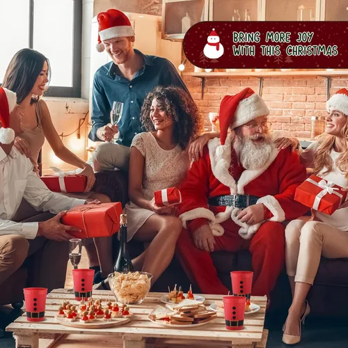 Vista 6 de Uiifan Paquete de 50 vasos de plástico de Navidad a granel de Papá Noel, vasos de plástico reutilizables de 12 onzas, vasos de plástico con cinturón