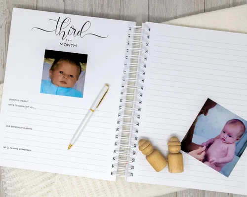 Vista 19 de Personalized Twin Baby Memory Book - Hardcover First Year Album Customized with Babies’ Names - Prompted Baby Journal (Blue Mountains)