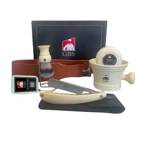 Vista 9 de GENTS Kit de afeitado profesional recto – Juego completo de regalo de 7 piezas con correa de cuero y cuenco de cerámica
