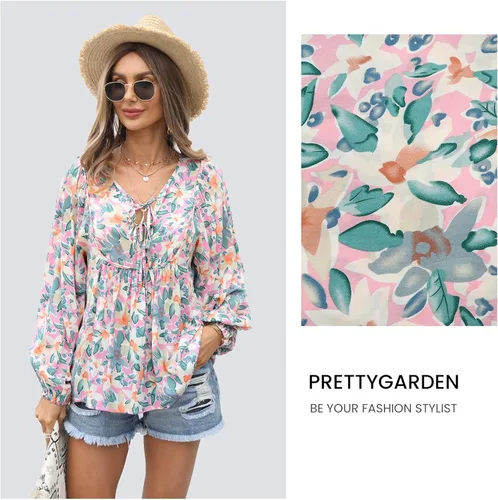 Vista 5 de PRETTYGARDEN Blusa tipo túnica floral con volantes para mujer, cuello en V, casual, manga larga, babydoll peplum