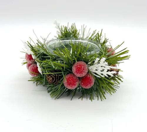 Vista 2 de Christmas and Holiday Candle Holder with Pine-needles, Ice Dusted Berries and Snow covered branches on Glass Base - Set of 2