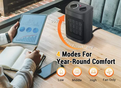 Vista 9 de Calentador de espacio, calentadores eléctricos portátiles de 1500 W para interiores con termostato, pequeño calentador de habitación de cerámica