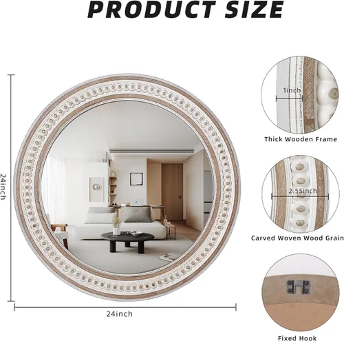 Vista 5 de 24 Pulgadas Espejos de Pared Redondos Rústicos - Espejo Circular de Granja de Madera para Baño, Entrada, Dormitorio, Sala de Estar, Decorativo