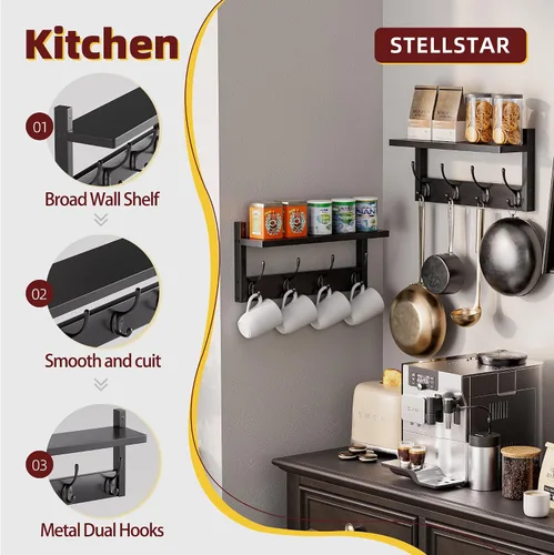 Vista 3 de STELLSTAR Perchero con estante, paquete de 2 perchas de bambú para montar en la pared con 8 ganchos para entrada, pasillo, cocina, baño, sala