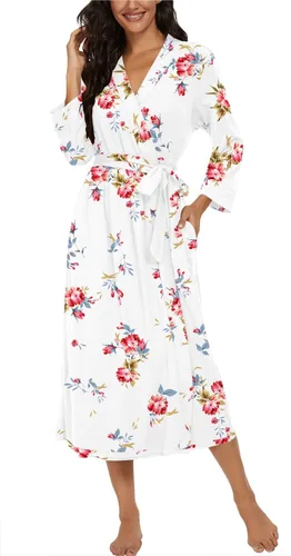 Vista 3 de VINTATRE Bata tipo kimono para mujer, bata larga de punto, ligera, suave, ropa de dormir con cuello en V, casual, ropa de descanso para mujer