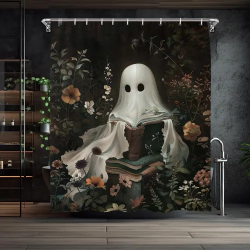 Vista 9 de Cortina de ducha de Halloween con diseño de fantasma, para bañera, bosque de flores, cortina de ducha para baño, academia oscura, tina fantasma