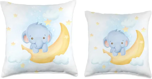 Vista 3 de Lindo bebé elefante en la luna con estrellas I cuarto de bebé decoración almohada
