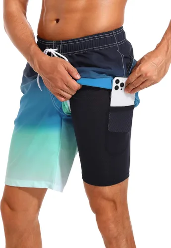 Vista 23 de Difficort - Traje de baño para hombre con forro de compresión, pantalones cortos de secado rápido con bolsillos con cremallera 1-a/ Rayas negras
