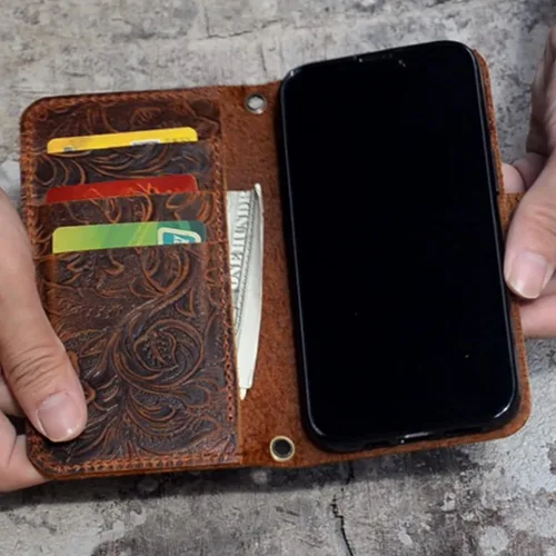 Vista 5 de Funda de billetera de cuero genuino hecha a mano para iPhone 17 Pro Max 17 Air 16 Funda para iPhone 15 Plus 15 Pro 14 16e Funda con correa de muñeca