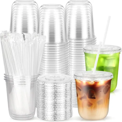 Vista 10 de Paquete de 25 vasos desechables de plástico transparente con tapas y pajitas, tazas de café helado de fondo redondo de 12 onzas, tazas de bebidas