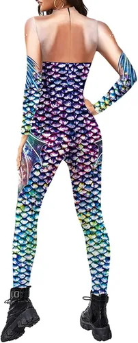 Vista 3 de Traje de baño de sirena para mujer con estampado de escamas de pez de manga larga para vacaciones de verano