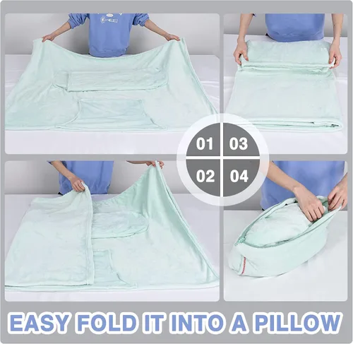 Vista 6 de Solaris Manta Vestible de Viaje con Mangas, 2 en 1, Manta de Almohada de Avión Plegable para Adultos, Mujeres y Hombres, Manta Corporal Suave