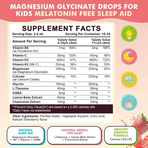 Vista 7 de Gotas líquidas de glicinato de magnesio para niños mayores de 4 años, glicinato de magnesio 100/200 mg para dormir, relajación y apoyo a la calma