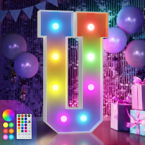 Vista 39 de Imprsv Letras coloridas de marquesina de 3 pies y letras grandes iluminadas RGB con control remoto, decoraciones de fiesta de cumpleaños Carta